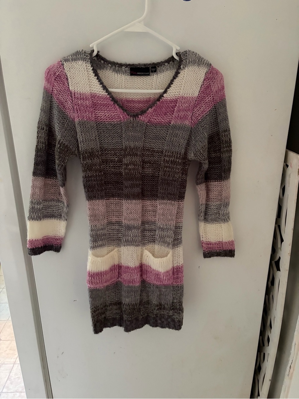 Y2K Striped V-Neck Sweater— Pink, Gray & Cream